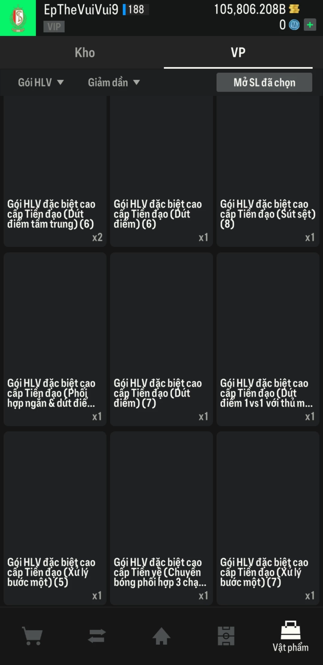 Ảnh ACC mở thẻ (LOẠI SVIP PROMAX) bao gồm có 01 thẻ +12, 03 thẻ PRIME (QH+, CP+, XS+) và hơn 1500+ đến 1600+ thẻ cầu thủ từ Siêu sao đến Miền núi các loại. Acc có sẵn BP trắng từ 90.000 tỷ BP đến 110.000 tỷ BP kèm theo nhiều ngày SVIP